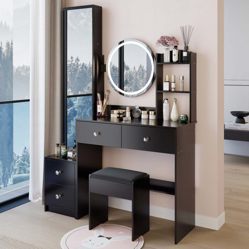 Round Mirror LED Vanity Table with Stool and Full Body Mirror Cabinet, Black