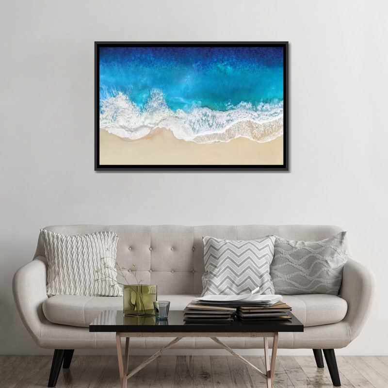 «Aqua Ocean Waves from Above», impression sur toile, H 18 po x l 26 po x P 1,5 po, Toile avec cadre noir, Pas de tapis