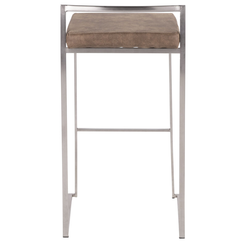 Tabourets de bar empilables contemporains en acier inoxydable avec coussins en tissu brun Cowboy, ensemble de 2 | Idée de cadeau