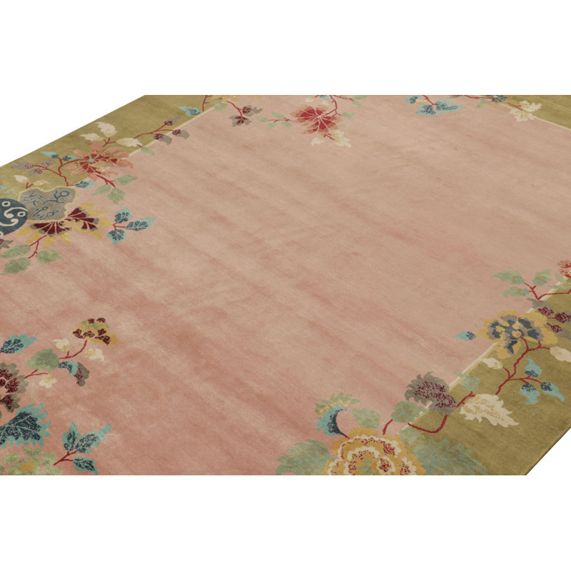 Art Deco Hand Knotted Wool Floral Area Rug, Rectangle 9' x 12'