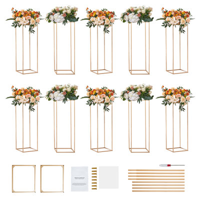 Ensemble de 10 présentoirs à fleurs de 80 cm de haut pour mariage, colonnes en métal avec vases géométriques, présentoirs floraux rectangulaires dorés pour réceptions et décorations de fêtes, finition laminée acrylique.