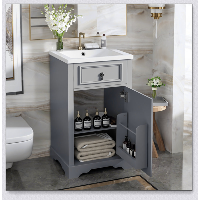Meuble-lavabo de 20 pouces avec lavabo en céramique, porte à fermeture douce, tablette réglable et support de rangement fixé à la porte - idéal pour les petites salles de bain