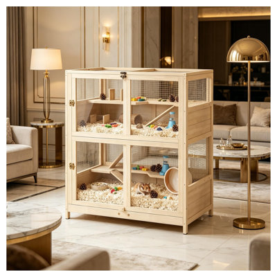 Cage à plusieurs niveaux pour petits animaux avec trois rampes, deux balançoires, deux bouteilles d'eau et des décorations en bois naturel