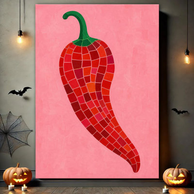 Hand Painted Red Chili Pepper Mosaic Style Artwork With Pink Background, Kitchen Canvas Wall Art