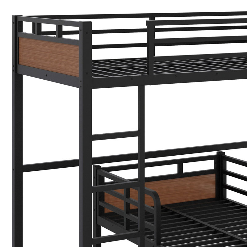 Metal Separable Bunk Beds With Raised Security Fence, Black/Walnut