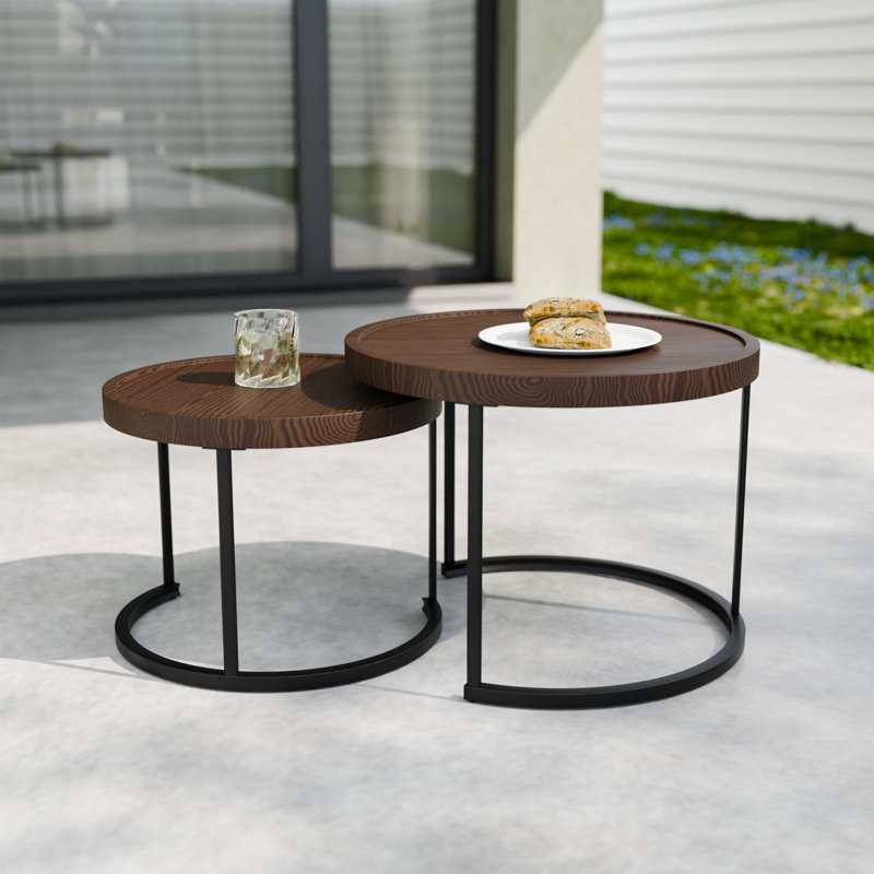 22.8 in. Round Wood Top Nesting Coffee Tables with Metal Base (Set of 2)