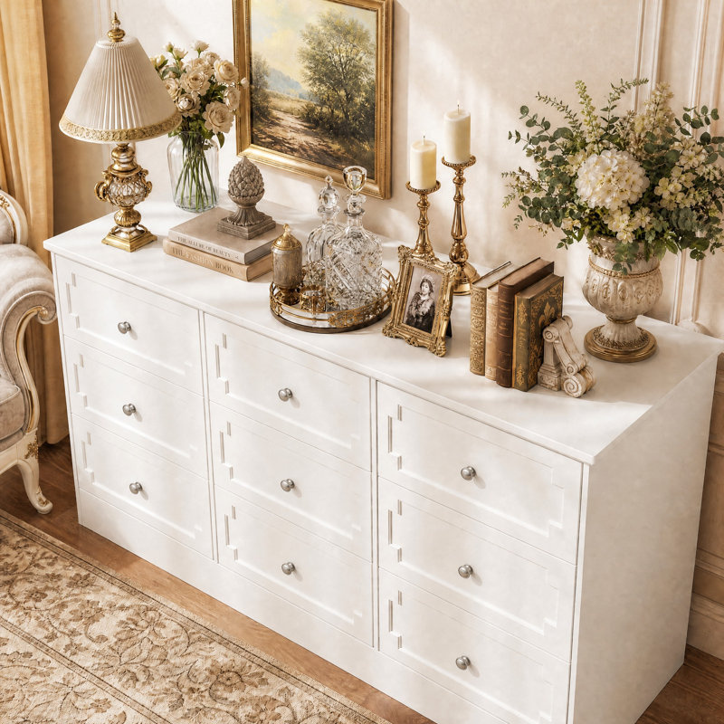 Commode 12 tiroirs avec grande capacité de rangement, commode de rangement large avec glissières en métal et design moderne