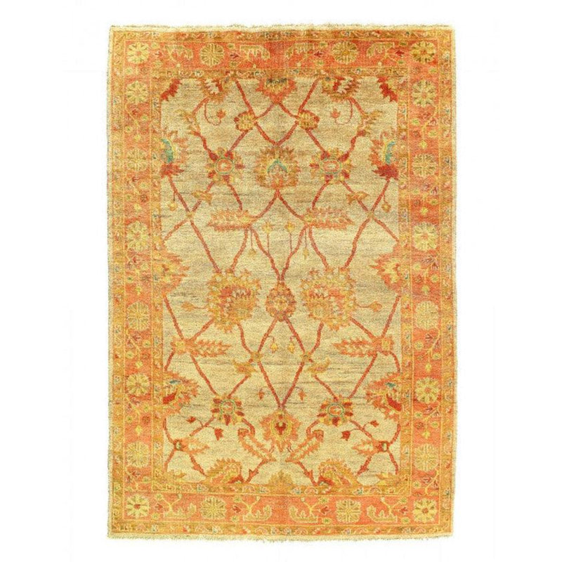 Tapis oriental jaune / orange / gris en laine noué à la main 6 pi x 9 pi
