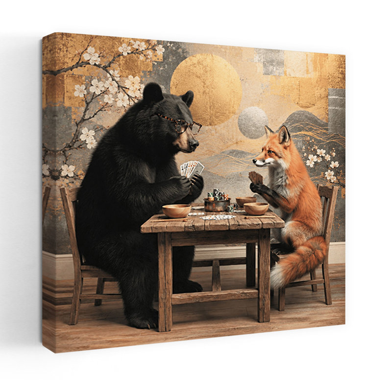 «Clever Bear Fox Game», reproduction d'art sereine fantaisiste, ours, cerise, renard, forêt, art mural, H 32 po x l 32 po