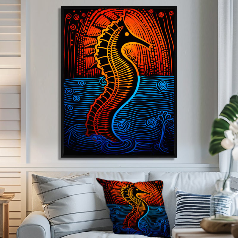 Majestic Minimal Seahorse en rouge et bleu - reproduction d'art mural hippocampe, Pas de métal encadré