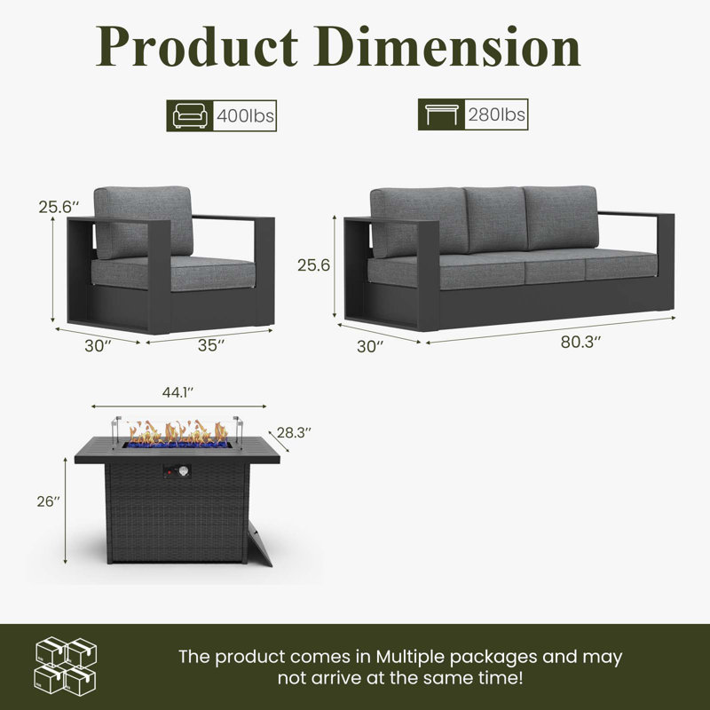 Modern Outdoor Aluminum 4-piece Conversation Set With Firepit Table, Dark Grey Cushion/Black Frame