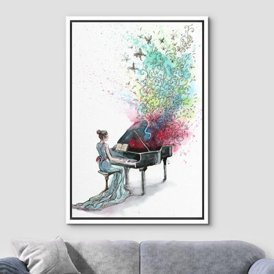 Elegant Playing Grand Piano Musical Floral And Butterfly Illusion Large Framed Canvas Print Wall Art