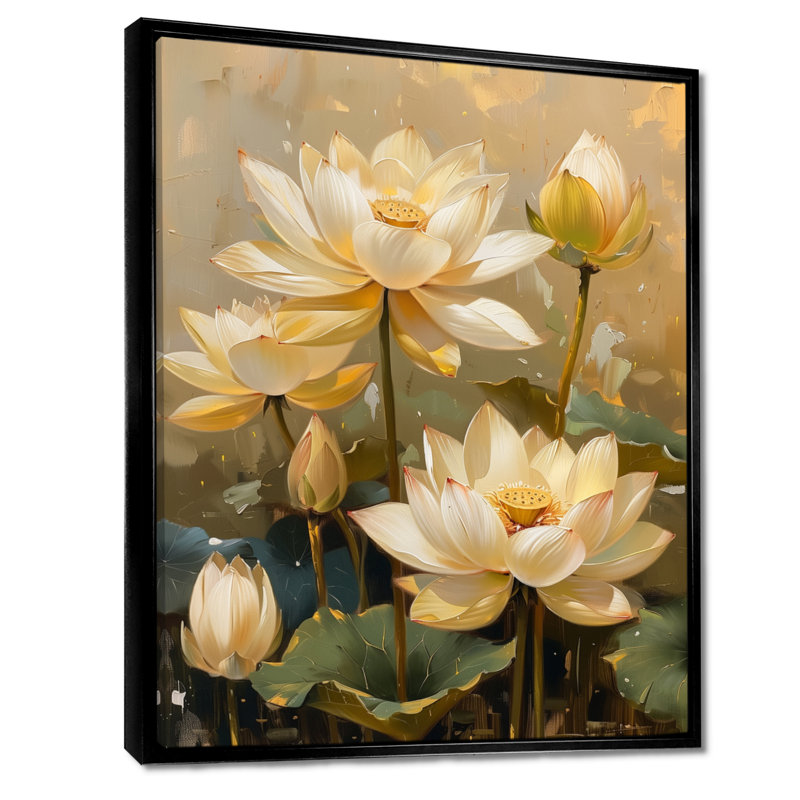 «White Green Blooming Lotus Gardens I», impression d'art mural Lotus, Cadre flottant noir, H 24 po x l 32 po
