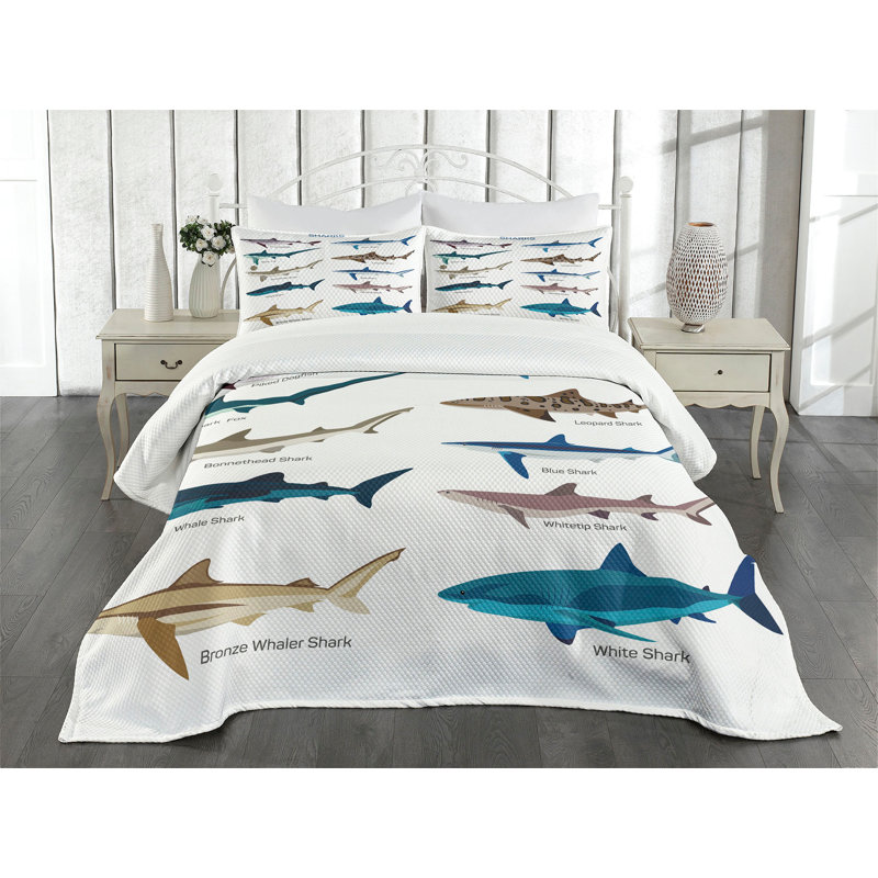 Ambesonne Fish Bedspread Set Cartoon Shark Types Wild Multicolor, King Coverlet / Bedspread + 2 Standard Shams