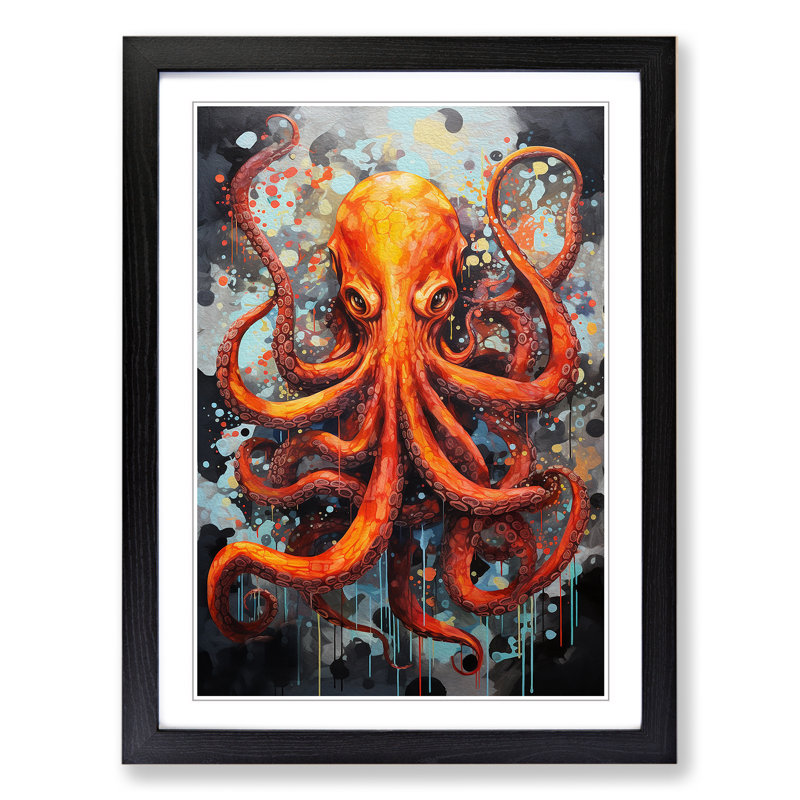 Octopus Modern - Single Picture Frame Print on Wood, 34cm H x 25cm W x 2cm D, Black 