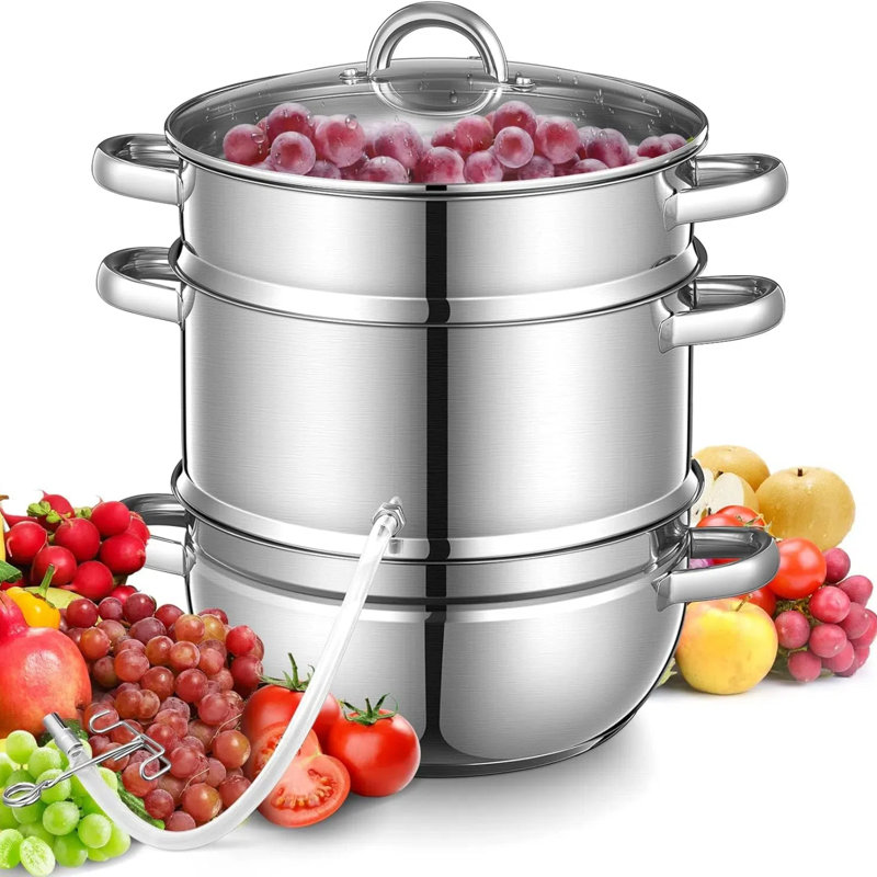 11qt Steam Juicer Extractor Stainless Steel, Juice Steamer Pot For Fruit & Vegetables With Glass Lid, Hose, Clamp, Loop Handles, Ideal For Making Fresh Juice, Jelly, And Sauces