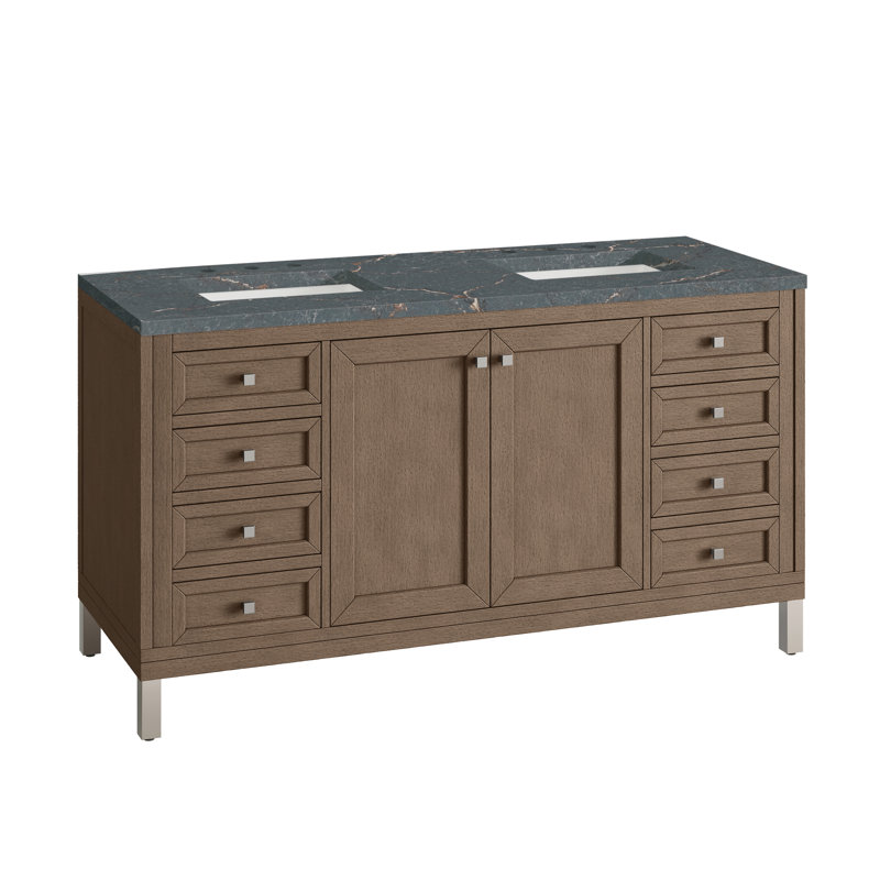 Chicago 60'' W Double Vanity, Walnut Whisper, Parisien Bleu, 8" Widespread