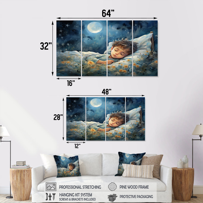 «Blue Childity Haven Nursery I», art mural 4 pièces, H 28 po x l 48 po