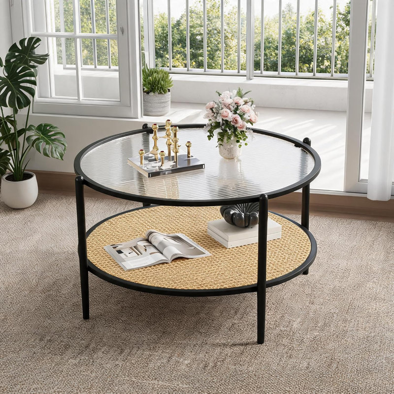 Table basse ronde bohème moderne en verre trempé à motifs vagues, Noir + jaune