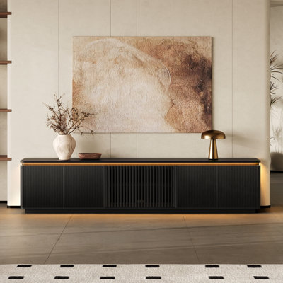 94.5" Modern LED TV Stand, Entertainment Center with Ambient Light, Fluted Doors and Adjustable Shelves, Media Console with Cable Management, Black