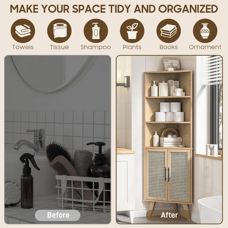 Rattan Corner Cabinet With Adjustable Shelves