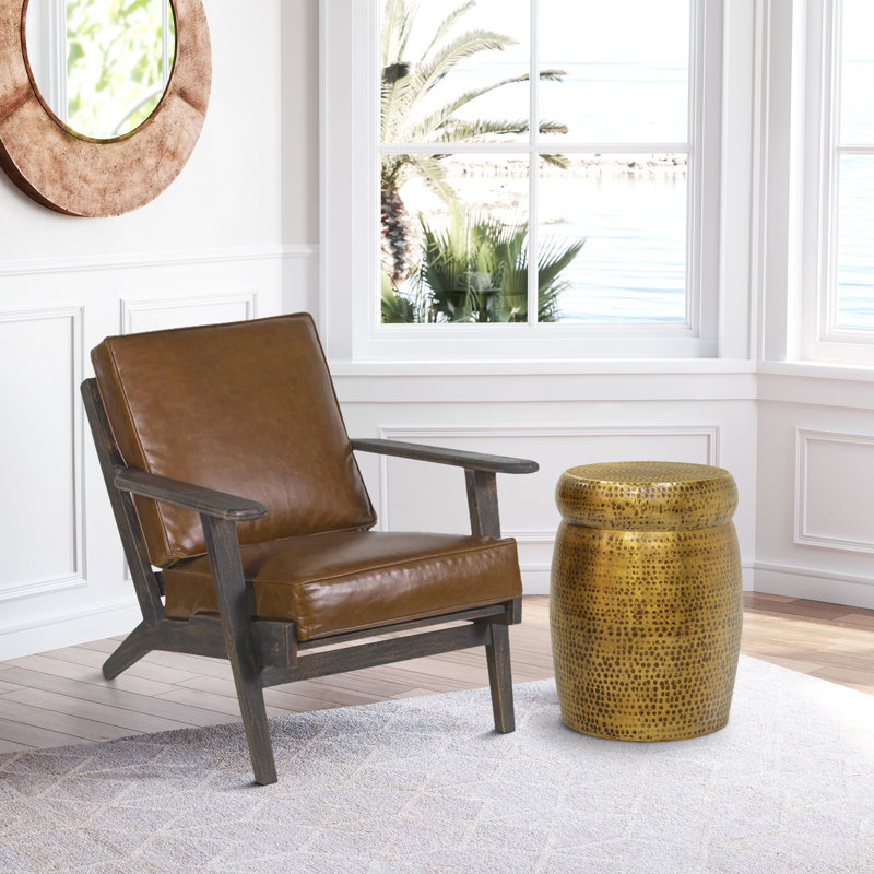 Kvira Round Drum Accent Table, Hammered Antique Gold Brass Side End Table for Living Room