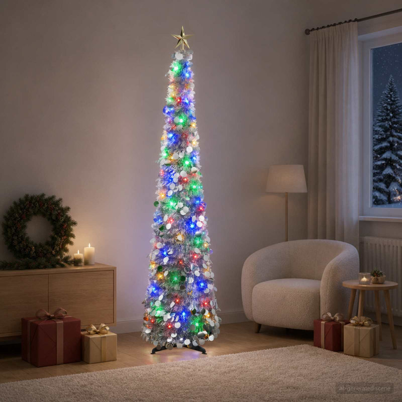 Pop Up LED Christmas Tree with Star Topper Pre-Lit Christmas Tree, 180 cm, Silver
