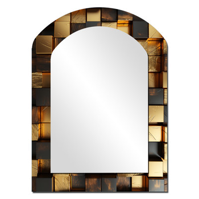 Black and gold abstract cubes I - Geometric Asymmetrical Mirror, Gold Arch Unique Wall Mirror, Printed Metal Art