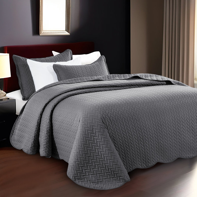 Ensemble de couvre-lit en microfibre embossée 3 pièces avec taies d'oreiller assorties, Gris