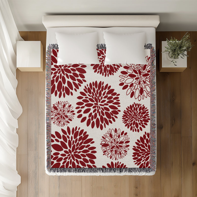 Jeté floral en coton, 50 x 70, Rouge