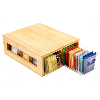 Tea Bag Organizer, Bamboo And Acrylic Drawer Tea Bag Holder Wood Teas Bags Storage For Drawers With 2 Roomy Compartments For Kitchen Living Room