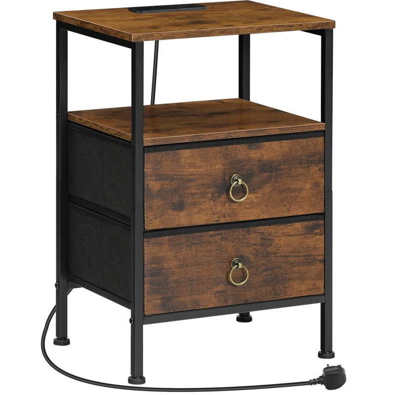 Side Table With Charging Station, Bedside Table With 2 USB Ports And Outlet, End Table With 2 Fabric Drawers, Sofa Side Table, Nightstand For Small Spaces