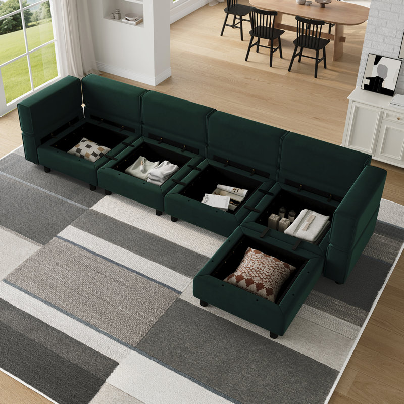 Canapé modulaire rembourré avec repose-pieds, H 33,9 po x l 114,2 po x P 57,1 po , Green Velvet
