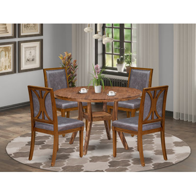 5-Piece Dining Table Set Consists of a round table top with a stylish pedestal and 4 Pu leather Dark Gray Upholstered chairs with high backs - Antique