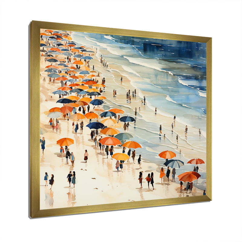 Parasol orange, jour de plage, tranquillité III - Beach People, art mural, Cadre doré simple, H 30 po x l 30 po x P 1,5 po