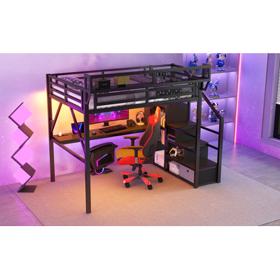 Queen Loft Bed With Desk And Charging Station, Queen Size Metal Loft Bed With Stairs And Light