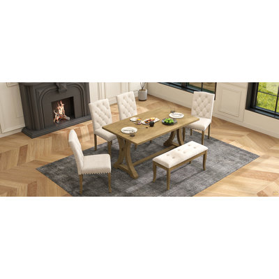Ensemble de table de salle à manger 6 pièces, table à tréteaux rectangulaire et 4 chaises et banc rembourrés pour salle à manger (bois naturel délavé)