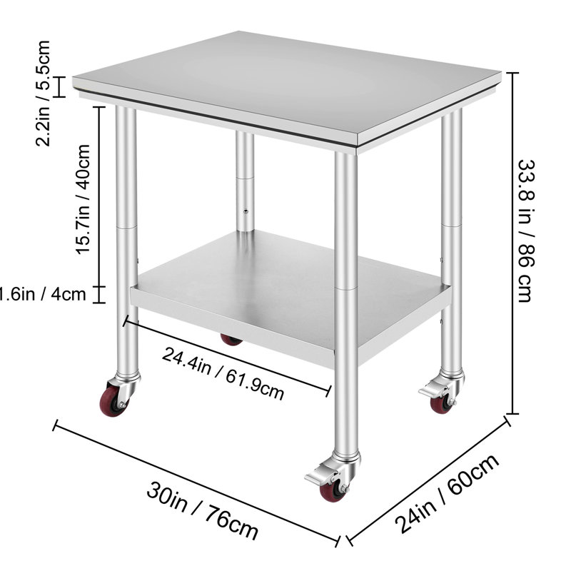 Table de travail robuste en acier inoxydable 24 X 30, 4 pivotantes, surface lisse, pour pétrir la table de préparation de la pâte dans les bars avec acier, 2 freins, rouille, hôtel Buffets et événements de restauration