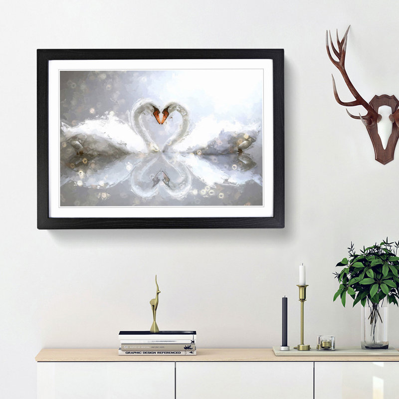 Swans Forming a Love Heart in Abstract - Picture Frame Graphic Art Print, Black Framed, 62cm H x 87cm W x 2cm D