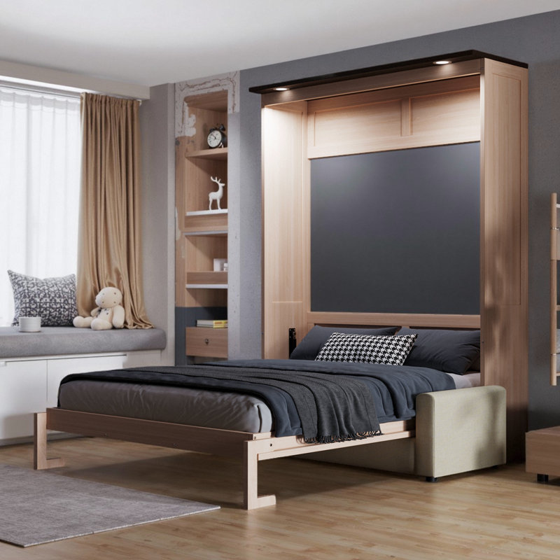 Queen Size Murphy Bed with Sofa & LED Lights – Space-Saving Wall Bed with Upholstered Linen Sofa, Solid Pine/MDF Construction, No Box Spring Needed