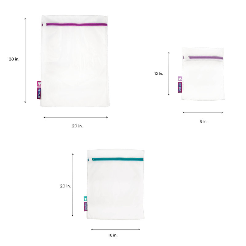 White Mesh Laundry Wash Bags with Colored Zippers, Set of 3