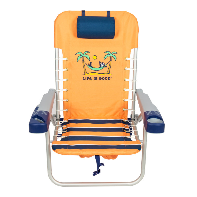 Life Is Good 4-Position Backpack Pillow And Cup Holder Beach Chair, Canyon Orange