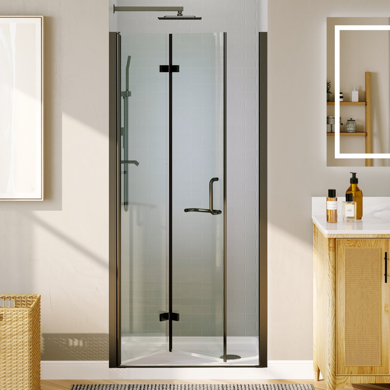 Portes de douche pliantes sans cadre de 34 à 35 1/2 po x H 72 po en noir mat avec verre trempé transparent de 1/4 po
