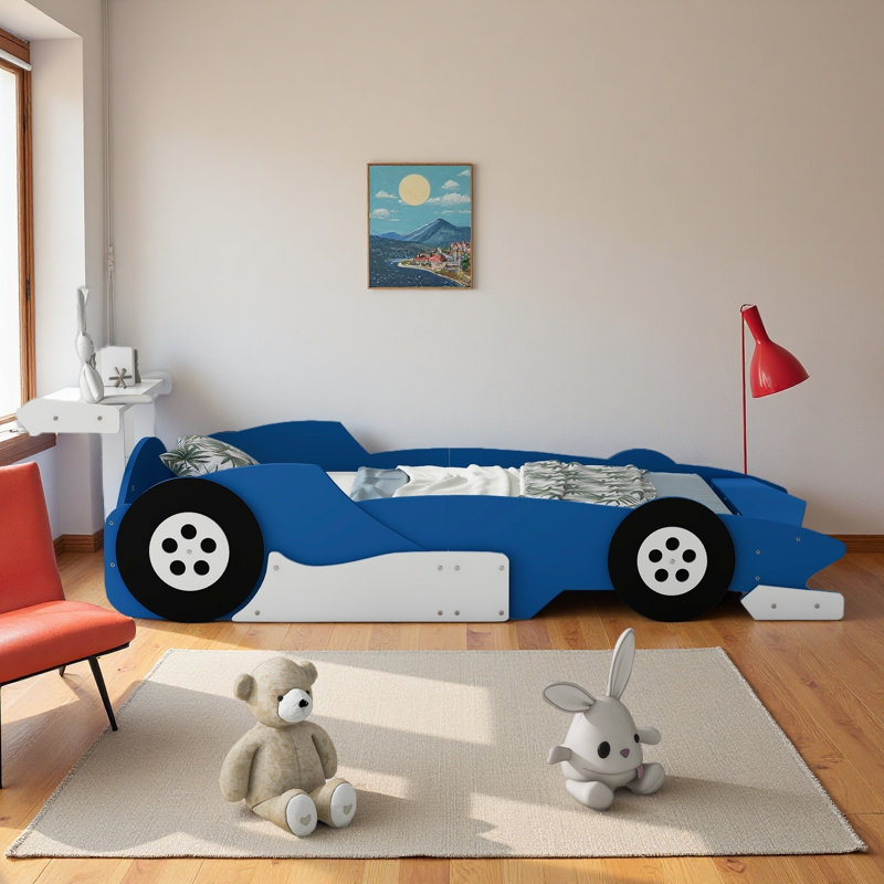 Lit à thème de voiture de course de conception moderne avec barrières de sécurité, Lit simple, Bleu