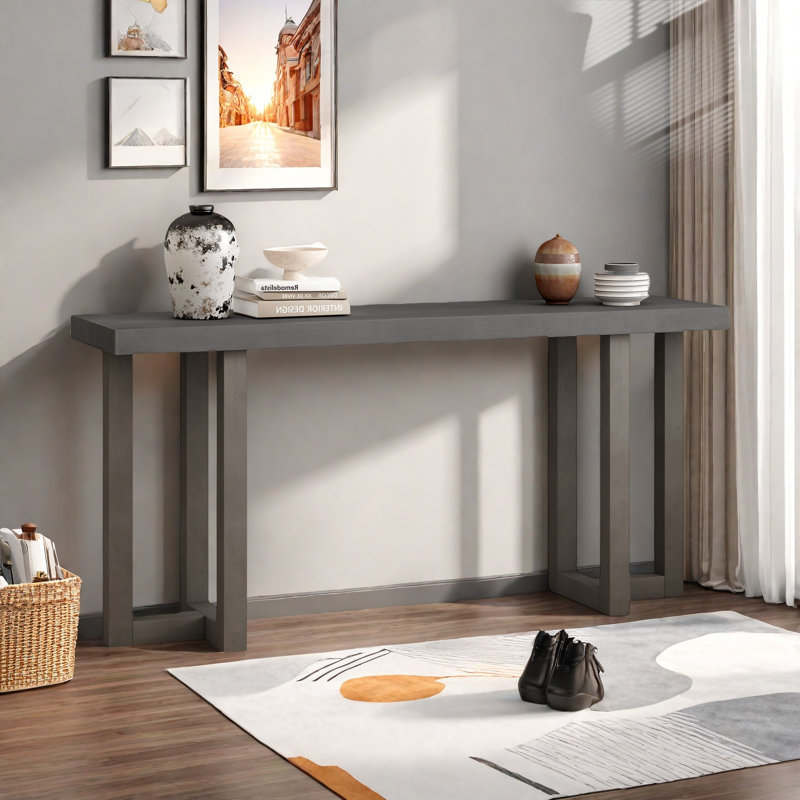 Console moderne avec motif géométrique et pieds en bois, Gris / gris