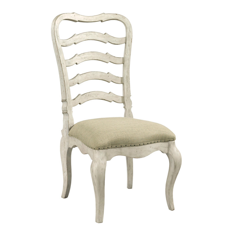 Antique White Wooden Ladderback Side Chair with Slat Design