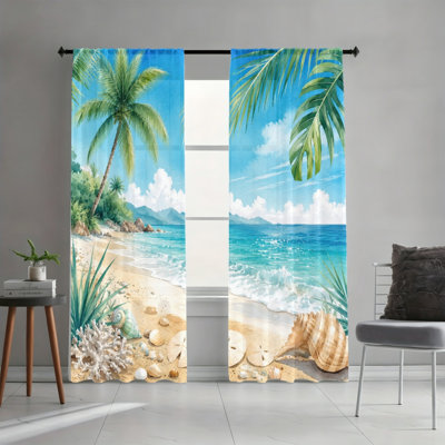 2 Panels Light Filtering Curtains, Palm Tree Ocean Wave and Seashell Tropical Beach Print Summer Home Decor, Rod Pocket Easy Installation Window Drapes for Living Room Bedroom Study and Cabinet Decoration