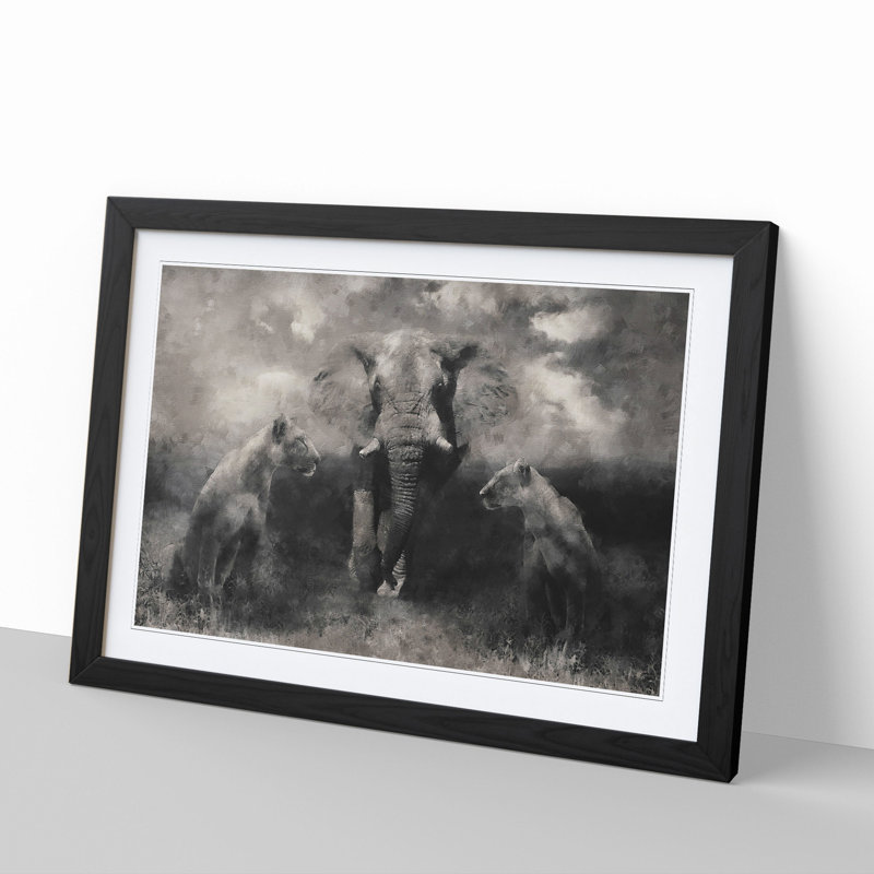 Elephant with Lions - Picture Frame Graphic Art, 48cm H x 65cm W x 2cm D, Black Framed