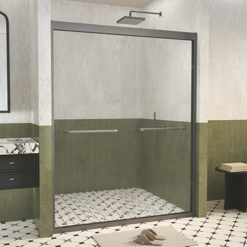 Portes de douche coulissantes en verre, semi-sans cadre, verre trempé Sgcc de 1/4 pouce, poignée en acier inoxydable, verre trempé, facile à nettoyer, noir mat