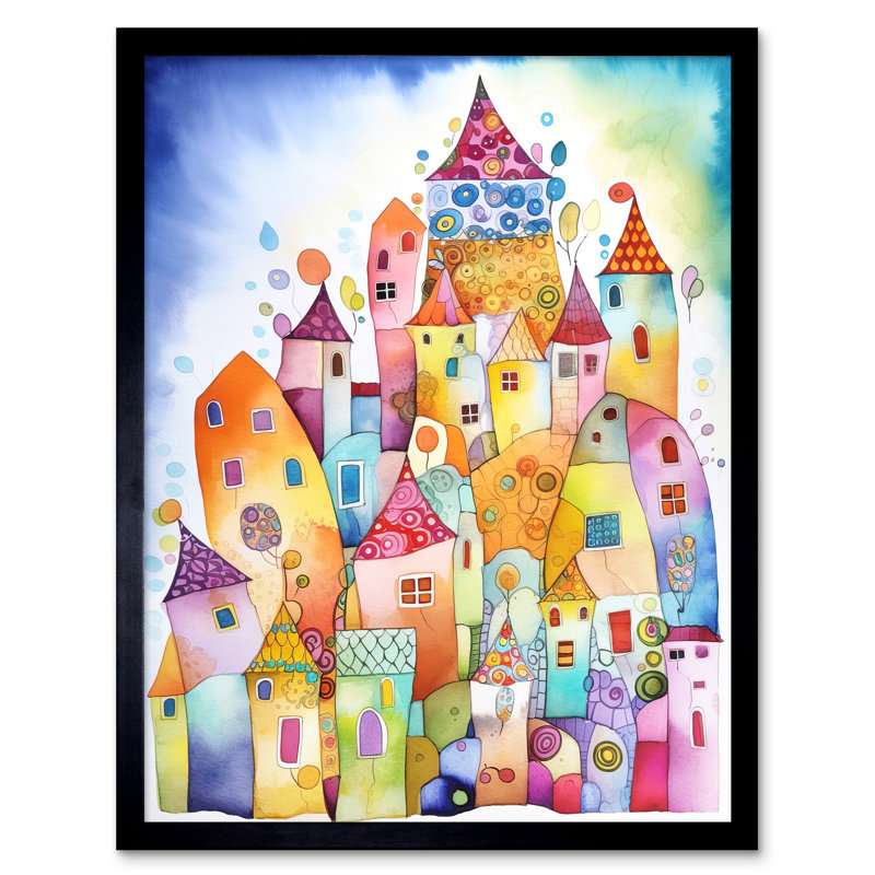 Townscape Housewarming Party Folk Art Watercolour Painting Art Print Framed Poster Wall Decor 12x16 inch